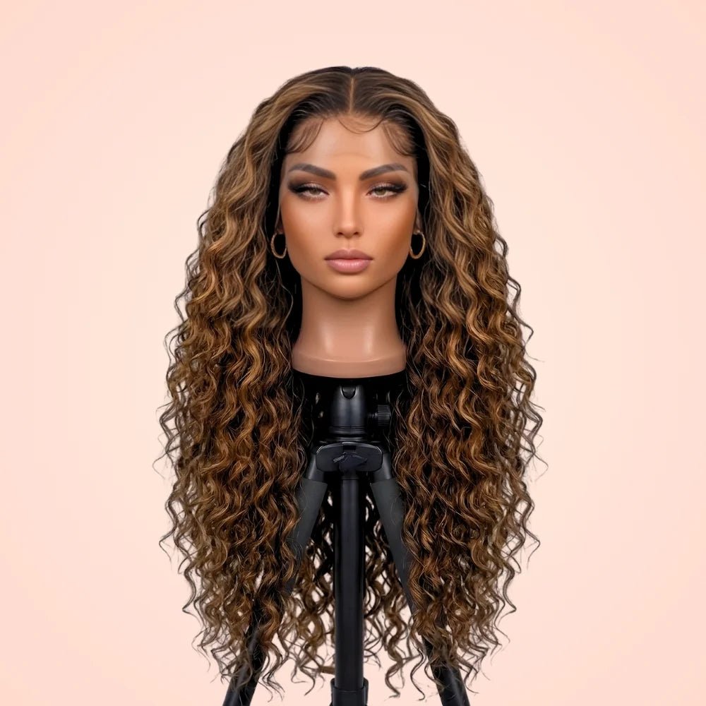 Highlight deep wave 13x4 HD lace front glueless wig displayed on a mannequin head