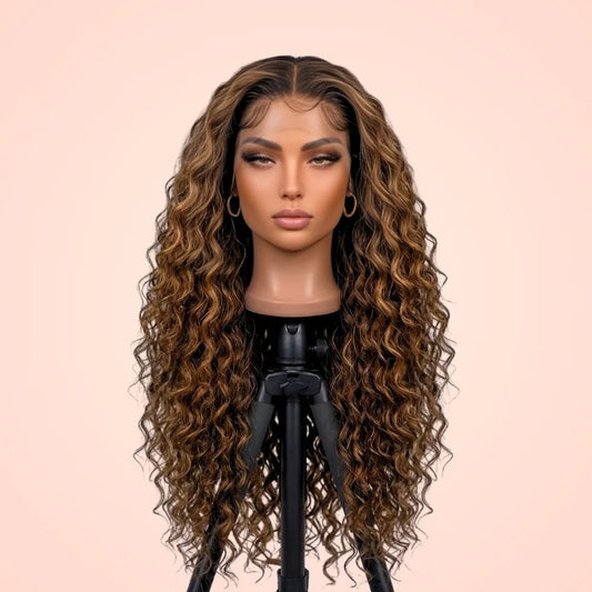Highlight deep wave 13x4 HD lace front glueless wig displayed on a mannequin head