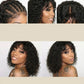 Collage of the short curly bob wig with bangs shown from the front, side and cap braid pattern