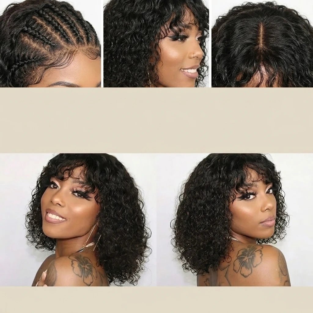Collage of the short curly bob wig with bangs shown from the front, side and cap braid pattern