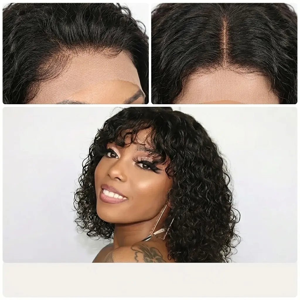 Close-up of the lace hairline and part on the short curly bob wig, with a model side view