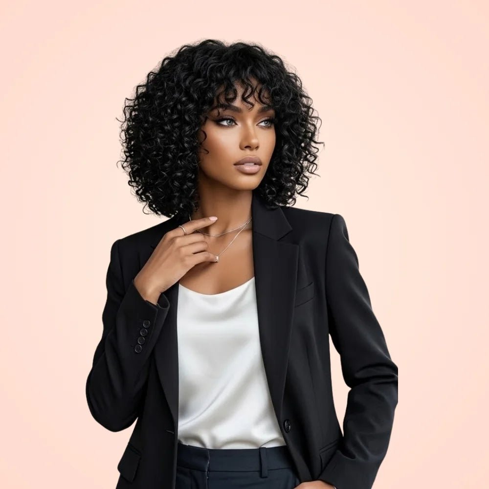 Model wearing a jerry curly short pixie bob cut wig with curly bangs in natural black