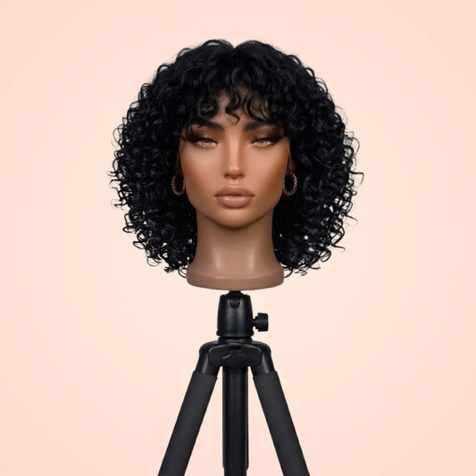 Jerry curly short pixie bob wig with bangs displayed on a mannequin head