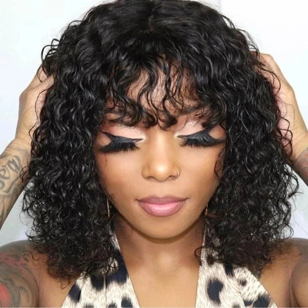 Customer wearing the jerry curly bob wig with full curly bangs, front view