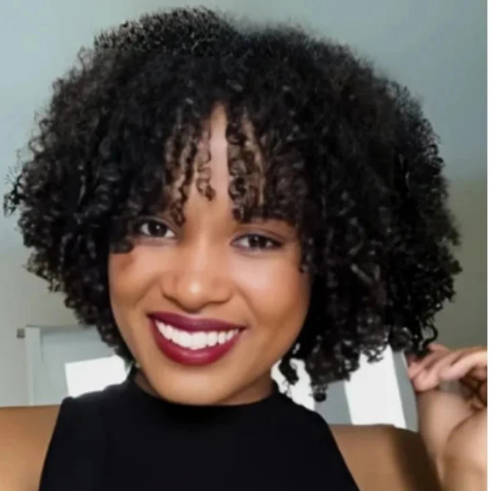 Smiling customer wearing the pixie cut water wave wig with curly bangs